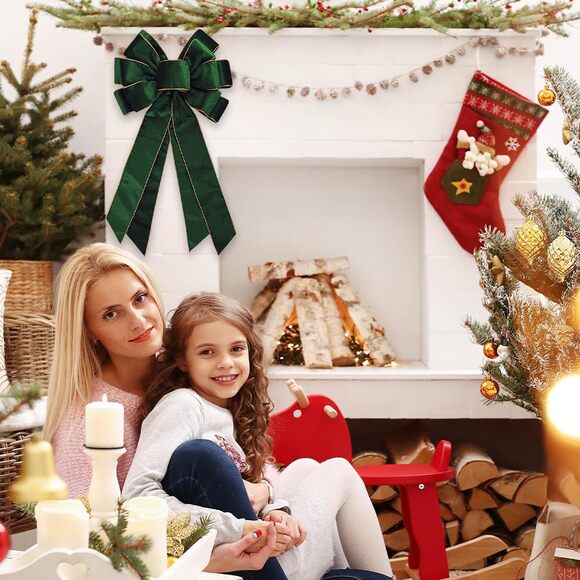 Vintage Green Wreath Bow 20x11 Inch Velvet Tree Topper Golden Edge Xmas - Picture 2 of 5